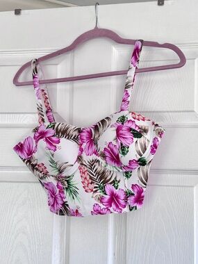 Say What? Tropical Floral Print Bustier Crop Top Juniors L